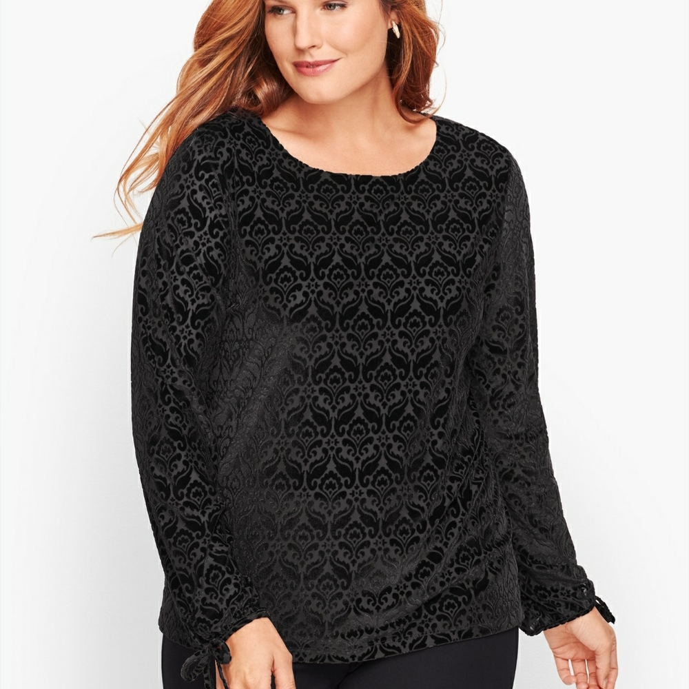Talbots Elegant Burnout Velvet Black Patterned Wmns Whimsygoth Blouse Top Size M